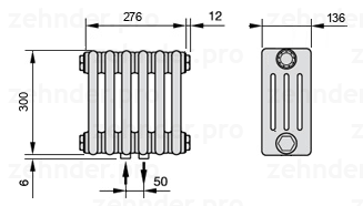 Схема (чертеж) Радиатор Zehnder Charleston 4030/6 №3470 Белый глянцевый RAL 9016